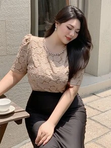 Dazy Plus Plus Size Women Floral Print Puff Sleeve Elegant Spring/Autumn T-Shirt, Suitable For Party - Khaki - View 7