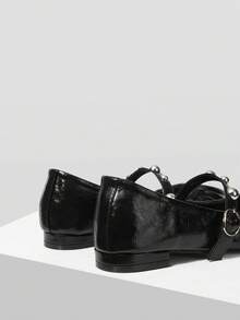 Mnmlis Women's Spring/Summer Fashion Silver Rivet Pointed Toe Flat Mary Jane Shoes, French Style Soft Leather Black Office Daily Wear - Black - View 5