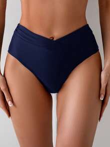 Swim Basics Women's Summer Beach Solid Color Asymmetric Waist Bikini Bottom - Navy Blue - View 5