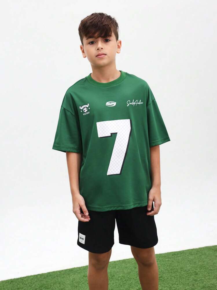 Boys Green Mesh Sports Jersey Tee With White Number 7 Print And Saudi Arabia Signature Design Regular Fit Short Sleeve , World Cup