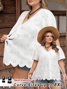 SHEIN CURVE+ Áo kiểu nữ cỡ US22, thích hợp cho lễ hội âm nhạc, kỳ nghỉ bên bờ biển, phong cách bohemian, cổ chữ V thêu họa tiết và tay cánh hoa, áo mùa hè cỡ lớn, áo trắng nữ, áo kiểu ren mùa hè, áo sơ mi nữ, áo kiểu nữ, áo ren mùa hè cho nữ. - trắng - Xem 8