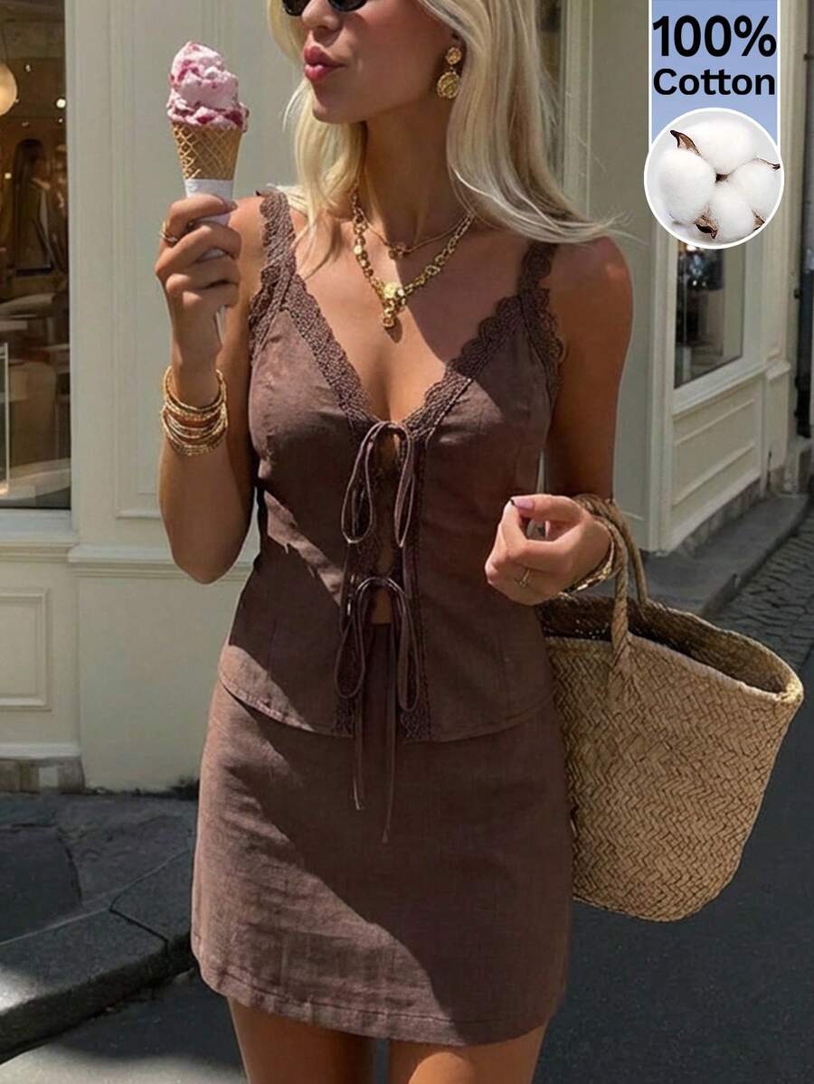 Serisse 2件套女士蕾丝边系带吊带背心和迷你裙套装 - 棕色 - 查看 1