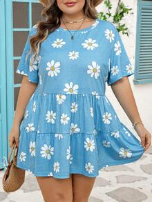 SHEIN CURVE+ Curve 尺码 US22 音乐节、海滨度假、波西米亚风女士蓝色雏菊印花宽松度假T恤 - 藍色 - 查看 9