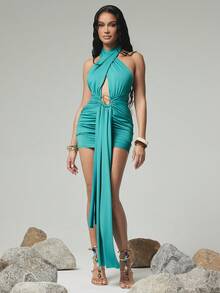 Hauture Crossover Halter Neck Open Back Ruched Mini Dress - Green - View 4