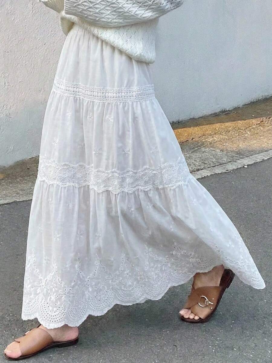FRIFUL 女士撞色蕾丝长款喇叭裙 - 白色 - 查看 1