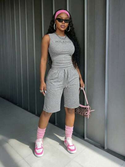 Slaydiva Grey 2 Piece Set Casual Two Piece Set 2pc Short Sets For Women New Early Spring, Spring And Summer Music Festival, Valentine's Day, Casual And Simple Basic Style, Y2K, Street Sweet, Internet Famous, Daily Date, Hot Girl Style, Sexy Casual And Simple Home Wear, Sportswear, Round-Neck Sleeveless, Milan Slogan Logo Printed, Side-Pleated Short Vest + Wide-Leg Shorts, Five-Inch Pants, Gray Sweatpants, Shorts, Knitted Set, Women's Two Pieces Set -A
