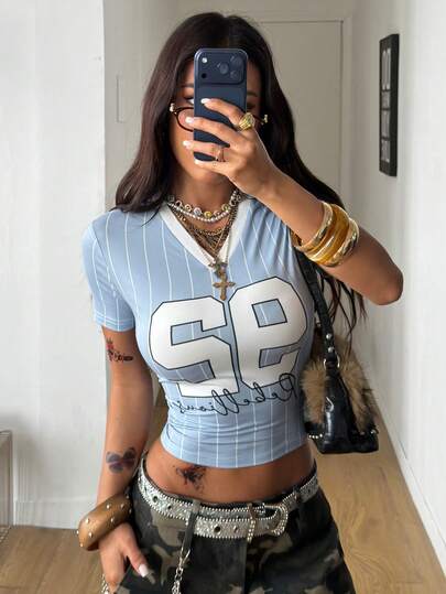 Coolane Summer Outfits For Women Streetwear Casual Vintage Going Out Blockcore Y2K V-Neck Date Night Light Blue Jersey T-Shirt,Casual Outfit For Women