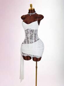 Amplova Women's Sexy Mini Dress, Pure White, Suitable For Wedding Season, Bridesmaid And Bride Outfit, Revealing Waist, Pleated Strapless Mini Dress - White - View 3