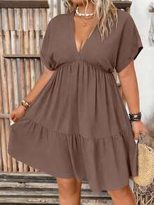 EMERY ROSE Plus Size Women Deep V-Neck Batwing Sleeve Casual Solid Color Dress - Mocha Brown - View 1