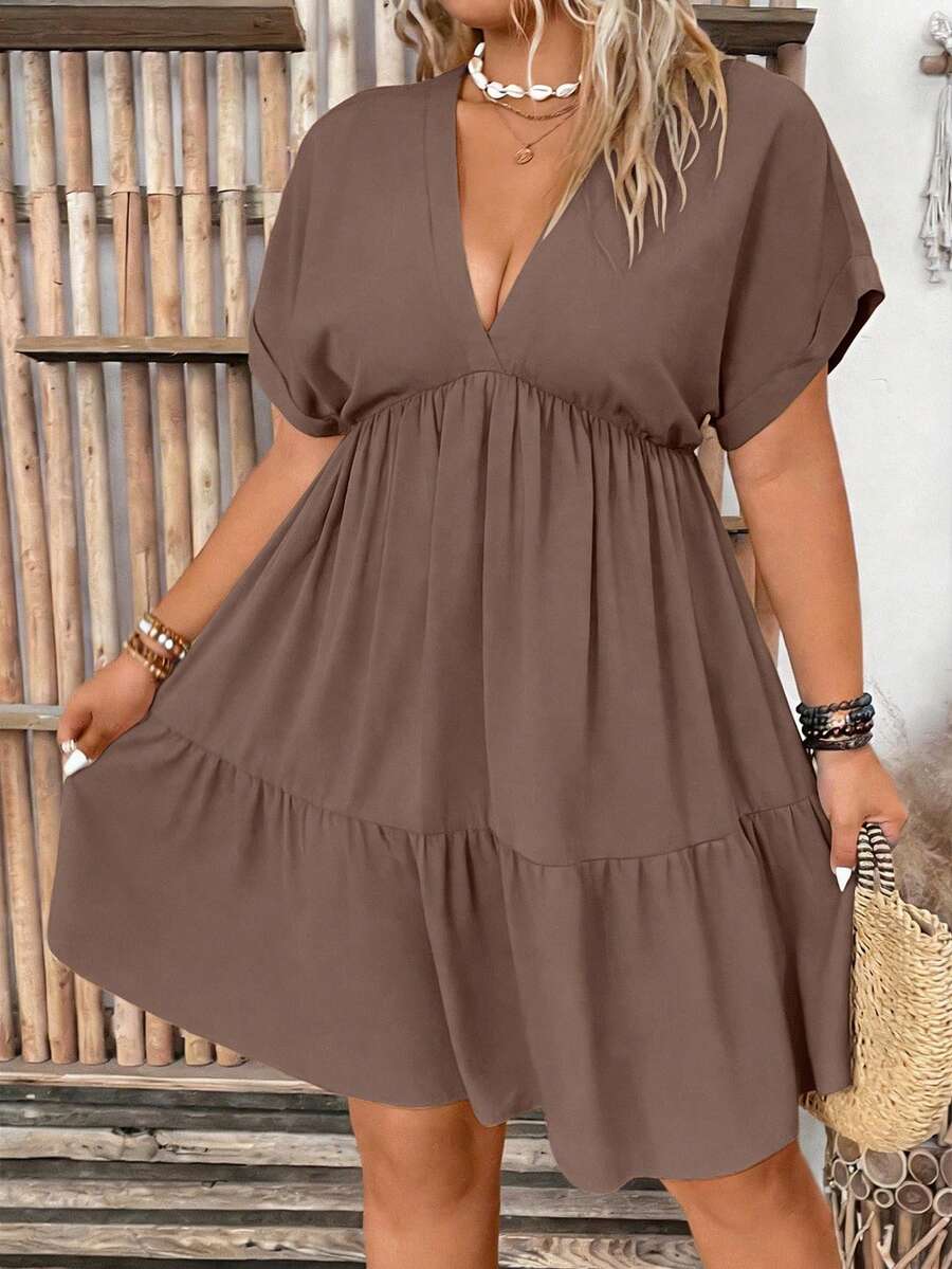 EMERY ROSE Plus Size Women Deep V-Neck Batwing Sleeve Casual Solid Color Dress - Mocha Brown - View 1