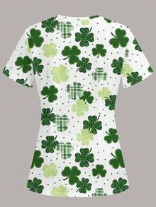 PopScrub Women's Lucky Clover Print Scrub Uniform Top - Multicolor - View 2