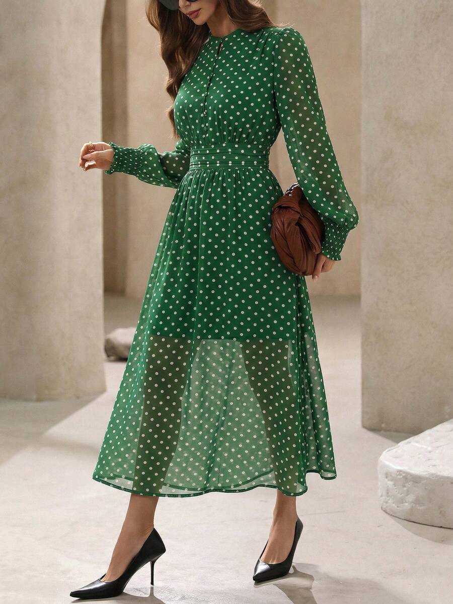 Aveloria Modichic 优雅碎花收腰长袖衬衫裙，适合女士度假穿着 - 綠色 - 查看 1