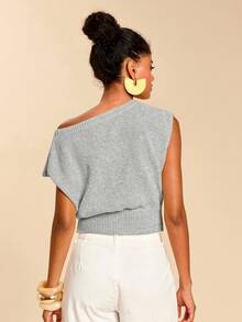 Travachic 女士休闲印花不对称领针织上衣，夏季 - 灰色 - 查看 2