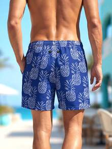 Manfinity Swimmode Men's Pineapple Print Drawstring Waist Pocket Beach Shorts - Blue - View 2