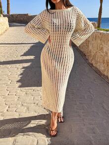 SHEIN Casual Knitted Cardigan With Hollow Design And Fringed Hem, For Summer Holidays At The Beach - Apricot - View 6