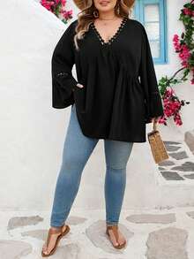 SHEIN CURVE+ 加大码 US22 音乐节、海滨度假、波西米亚风休闲白色喇叭袖波西米亚风亚麻衬衫 沙滩/海滩度假/海滩必备/毕业典礼/下午茶会 黑色娃娃衫上衣 - 黑色 - 查看 4