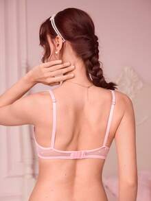 Bonmuse Women's Heart Mesh Contrast Lace Bow Decor Fashionable Bra - Pink - View 2