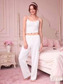 Lowkey Lull Women's Comfortable Minimalist Lace Slim Fit Casual Jumpsuit Pajamas, Home Wear - White - View 4