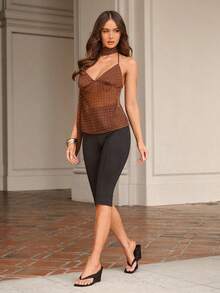 L'Amorae 女士雪纺波点吊带背心配围巾 - 棕色 - 查看 5