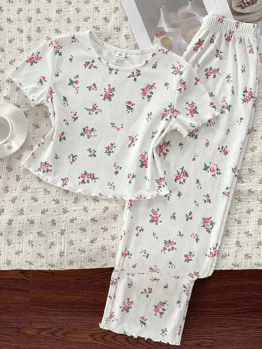SHEIN Tween-Mädchen Pyjama Set, minimalistisches Blümchen-Muster Rundhals Kurzarm Top und weiche, bequeme gerippte Hose, 2-teiliger Schlafanzug - Pink - Übersicht 1