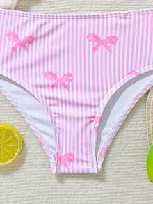 女童两件式比基尼套装，甜美可爱的蝴蝶结印花，粉白条纹，适合游泳、海滩、泳池、夏季假期穿着 - 粉色 - 查看 6