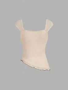 SHEIN MOD 2件装女士前系带方领不对称下摆吊带衫 - 杏色 - 查看 7