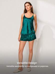 LUVLETTE Bộ đồ ngủ mùa hè mỏng nhẹ bằng satin màu xanh lá cây dành cho nữ - Áo hai dây không tay và quần short, đồ ngủ nhẹ nhàng, gợi cảm, tôn dáng. - màu xanh lá - Xem 8