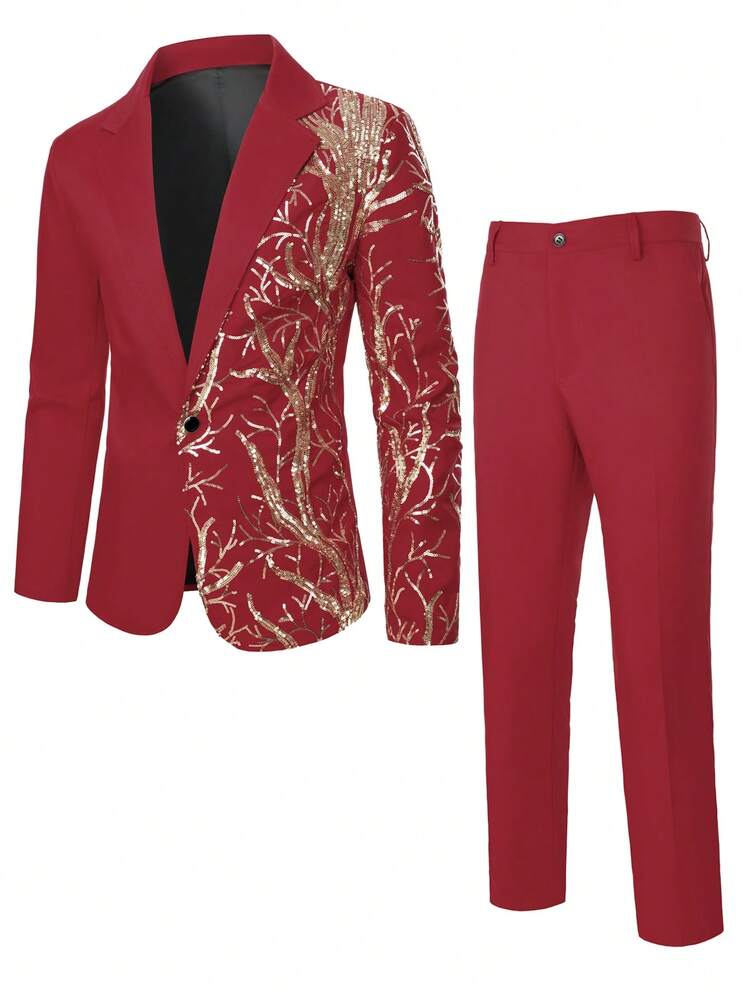 Manfinity Bizformal Men's Shiny Sequin Plant Printed Suit Jacket And Pants Set, Fashion For Party And Performance Tuxedo Suit - Burgundy - View 3