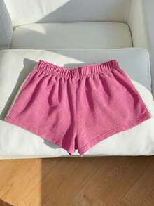 SHEIN EZwear 大码女式弹力腰撞色休闲百搭日常短裤 - 玫紅色 - 查看 2