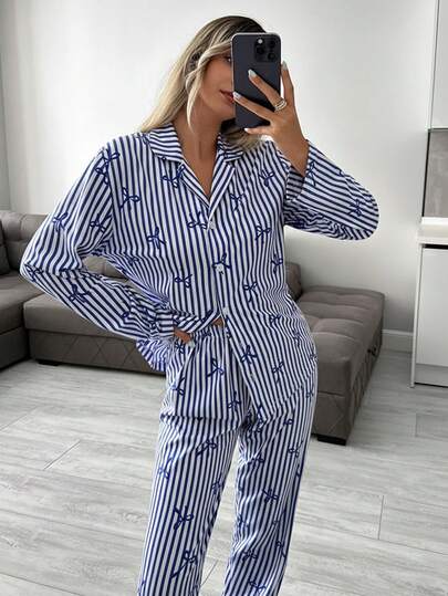 EURMUSE Completo pigiama da donna con 2 pezzi, camicia con bottoni e pantaloni a righe e fantasia, adorabile set abbigliamento per la casa