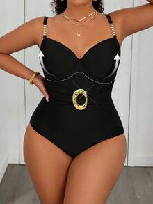 Swim Vcay Plus Size Women's Solid Color One-Piece Swimsuit With Steel Frame, Casual,Beach Outfits For Woman,Underwire Bikini For Summer Beach Vacation - Black - View 1