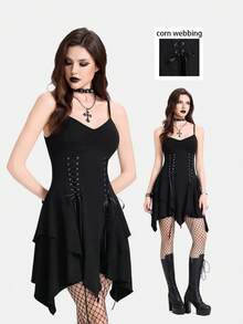 Breakform 女士性感哥特风吊带前褶裥收腰人字纹系带蝴蝶结露肩短款吊带连衣裙 - 黑色 - 查看 5