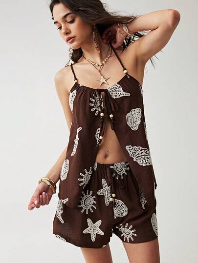 Soleia Women's Wave Texture Front Tie Camisole And Shorts Casual 2 Pieces Set