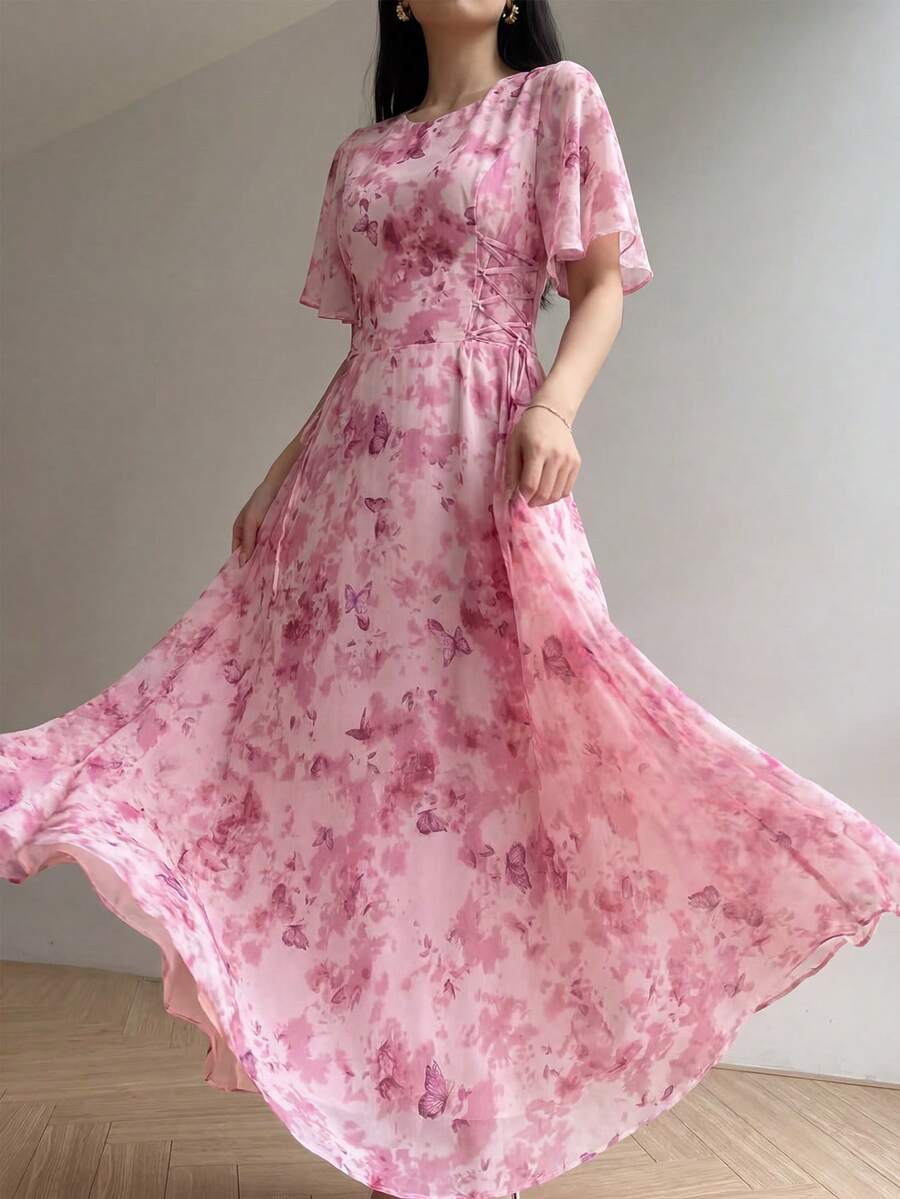 Rafferiza 女士夏季法式优雅浪漫雪纺印花简约圆领荷叶袖交叉系带修身长款休闲连衣裙 - 粉色 - 查看 1