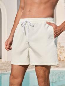 Manfinity VDAYZ Men's Simple Solid Color Drawstring Waist Beach Shorts, Summer Bathing Suits Matching For Him And Her Couple Bathing Shorts Beachwear Matching Couple Vacation - Apricot - View 2