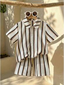 LMoss Kids 2pcs Baby Boy Knitted Striped Casual T-Shirt And Shorts Set - Multicolor - View 1