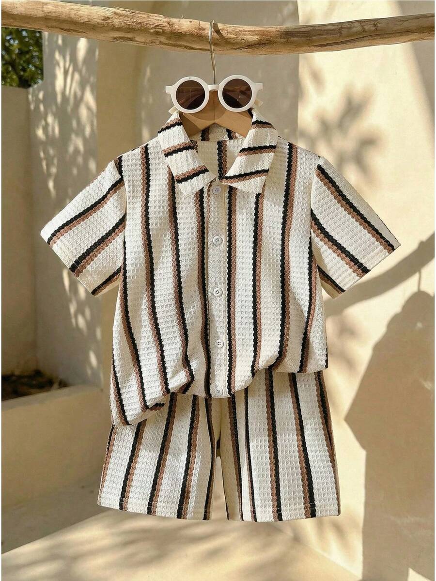 LMoss Kids 2pcs Baby Boy Knitted Striped Casual T-Shirt And Shorts Set - Multicolor - View 1