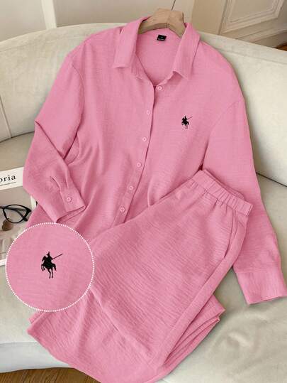 SHEIN EZwear Women's Knight Print Single-Breasted Long Sleeve Top And Wide-Leg Pants Casual Suit