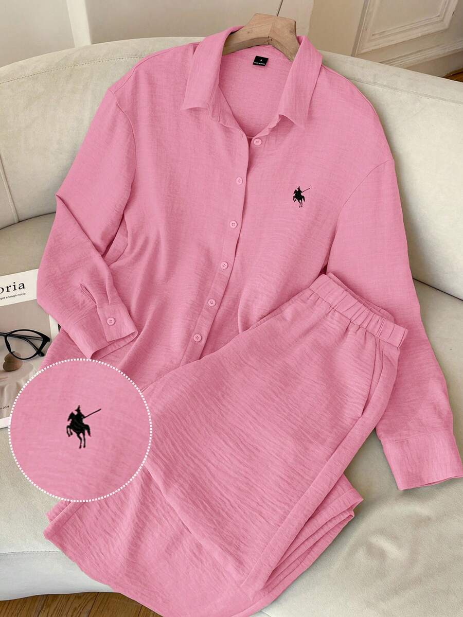 SHEIN EZwear Women's Knight Print Single-Breasted Long Sleeve Top And Wide-Leg Pants Casual Suit - Pink - View 1