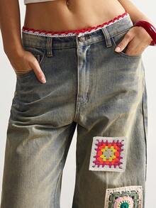 Bohemela Quần ống rộng dáng suông phong cách Boho mùa Đông/Xuân dành cho nữ, kiểu dáng vintage thường ngày, thời trang đường phố, phong cách nghỉ mát Boho, chất liệu móc len phối nhiều mảnh, kiểu miền Tây hoang dã, thích hợp cho các buổi hòa nhạc, tiệc tùng, đi biển, mặc hàng ngày, đi học, đi chơi, năm mới, Lễ tình nhân, kỳ nghỉ hè những năm 2000/Y2K, đi biển. - Màu xanh lam - Xem 9