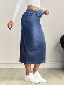 Flexra Women's Elastic Waist Pocket Slit Drawstring Denim Casual Skirt - Dark Wash - View 4