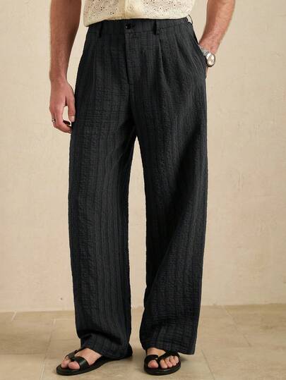 Core Aspect Pantalones de pierna ancha con cintura con cremallera y presillas para cinturón, de rayas verticales y textura, de talle medio, en gris oscuro/Pantalones casuales de pierna ancha resistentes a las arrugas, de estilo minimalista, de tela ligera y ajuste relajado, para uso casual y de noche/Pantalones de pierna ancha para hombre/Pantalones de mezcla de rayón con cintura con cordón y ajuste relajado, con textura arrugada, para hombre, para mayor comodidad