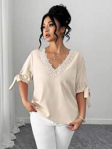 Elenzga Elegant Off-Shoulder Round Neck Ruffle Tie-Up Half Sleeve Pearl Decor Plus Size Women Blouse - Apricot - View 3