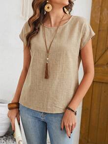 EMERY ROSE 女士纯色圆领蝙蝠袖短袖休闲亚麻质感衬衫，春夏款 - 卡其色 - 查看 7