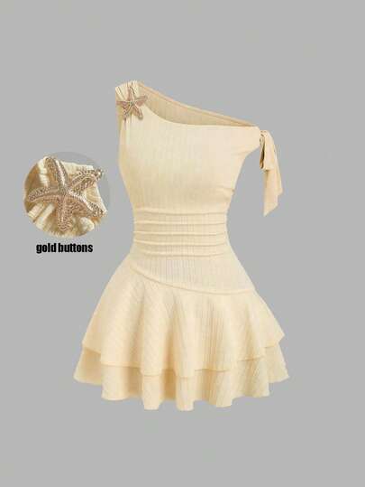 Olithes 女士新款海星装饰系带腰部褶皱层叠喇叭迷你连衣裙