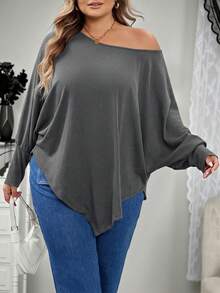 SHEIN CURVE+ 大码女式不对称下摆蝙蝠袖纯色斜肩宽松休闲上衣T恤，适合秋季穿着，冬季女装，大码女装，适合万圣节/秋季/冬季穿着。 - 灰色 - 查看 11