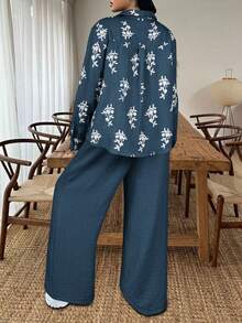 Ceyna Plus Size Women French Style Casual Elegant Long Sleeve Top And Pants 2 Pieces Set, Autumn/Winter Women Clothes Sets Floral Print Set - Navy Blue - View 2