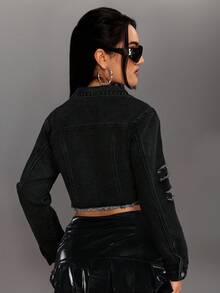 SHEIN ICON 短款纯色前扣休闲长袖牛仔外套 - 黑色 - 查看 2