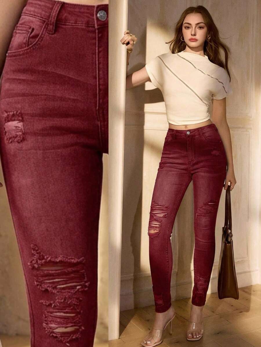 Selenza Quần Jeans Denim Cạp Cao Có Túi, Kiểu Dáng Ôm, Thường Ngày, Đa Năng Cho Nữ - Đỏ - Xem 1