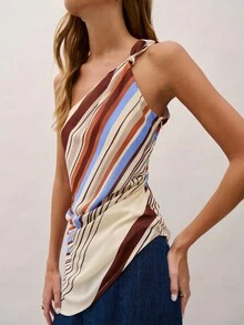 Nöista 不对称条纹上衣，蓝、棕、橙三色拼接，肩带打结，长款设计。适合夏季、春季、假日、节日、度假等场合穿着。 - 杏色 - 查看 3